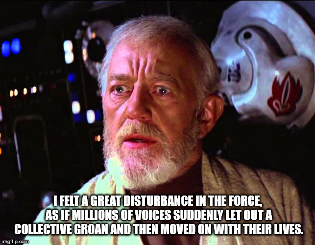 Obi Wan Millions of Voices | I FELT A GREAT DISTURBANCE IN THE FORCE, AS IF MILLIONS OF VOICES SUDDENLY LET OUT A COLLECTIVE GROAN AND THEN MOVED ON WITH THEIR LIVES. | image tagged in obi wan millions of voices | made w/ Imgflip meme maker