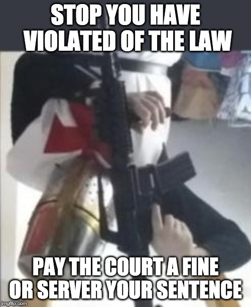 DEUS VULT | STOP YOU HAVE VIOLATED OF THE LAW; PAY THE COURT A FINE OR SERVER YOUR SENTENCE | image tagged in memes | made w/ Imgflip meme maker