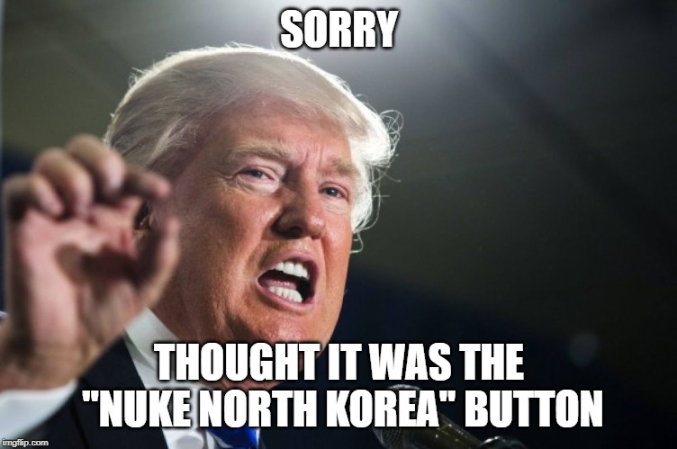 donald trump | SORRY THOUGHT IT WAS THE "NUKE NORTH KOREA" BUTTON | image tagged in donald trump | made w/ Imgflip meme maker