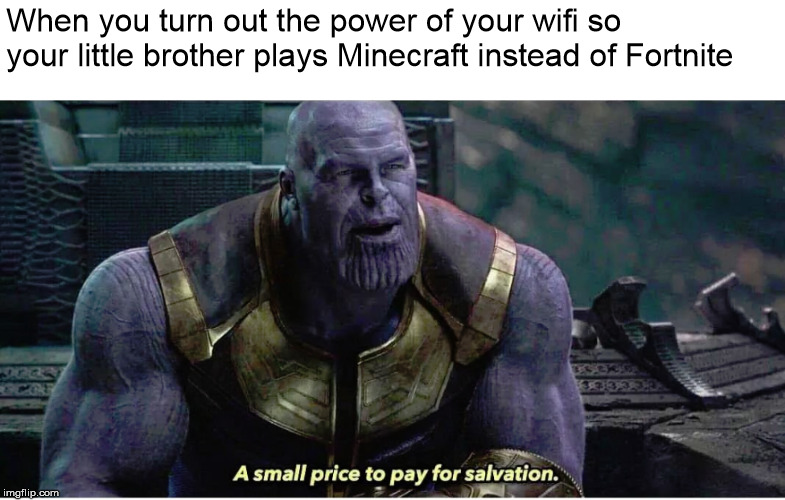 A small price to pay for salvation | When you turn out the power of your wifi so your little brother plays Minecraft instead of Fortnite | image tagged in a small price to pay for salvation,minecraft,fortnite,meme,thanos | made w/ Imgflip meme maker