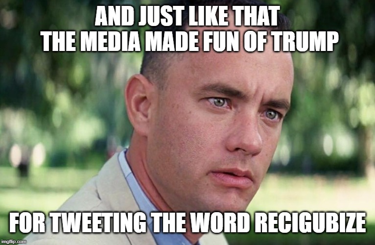 And Just Like That Meme | AND JUST LIKE THAT THE MEDIA MADE FUN OF TRUMP FOR TWEETING THE WORD RECIGUBIZE | image tagged in and just like that | made w/ Imgflip meme maker