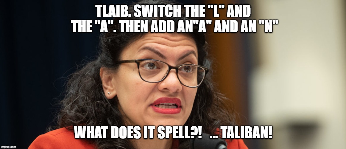 Rashida Tlaib. | TLAIB. SWITCH THE "L" AND THE "A". THEN ADD AN"A" AND AN "N"; WHAT DOES IT SPELL?!   ... TALIBAN! | image tagged in memes,politics,tlaib is evil,anti-semite,racist,face of the democratic party | made w/ Imgflip meme maker