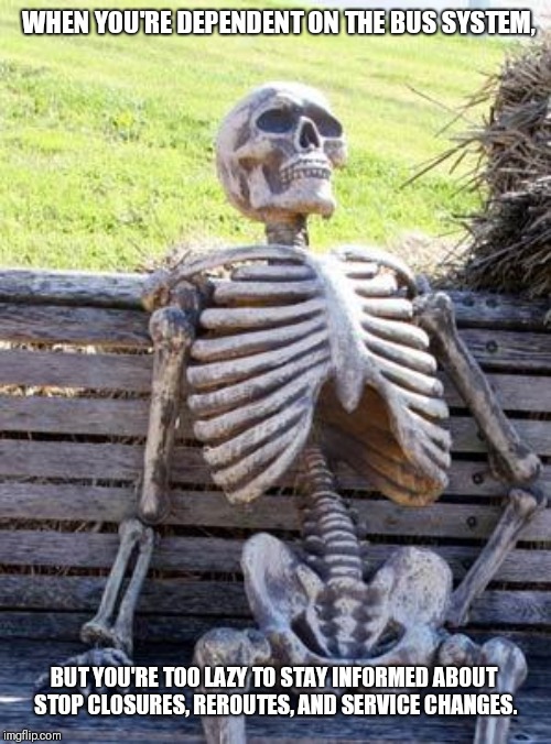 This is what happens... | WHEN YOU'RE DEPENDENT ON THE BUS SYSTEM, BUT YOU'RE TOO LAZY TO STAY INFORMED ABOUT STOP CLOSURES, REROUTES, AND SERVICE CHANGES. | image tagged in memes,waiting skeleton | made w/ Imgflip meme maker