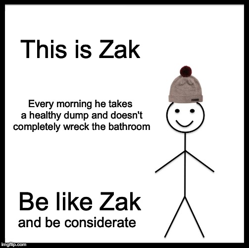 Be Like Bill | This is Zak; Every morning he takes a healthy dump and doesn't completely wreck the bathroom; Be like Zak; and be considerate | image tagged in memes,be like bill | made w/ Imgflip meme maker