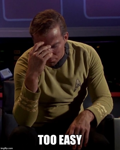 Kirk face palm | TOO EASY | image tagged in kirk face palm | made w/ Imgflip meme maker