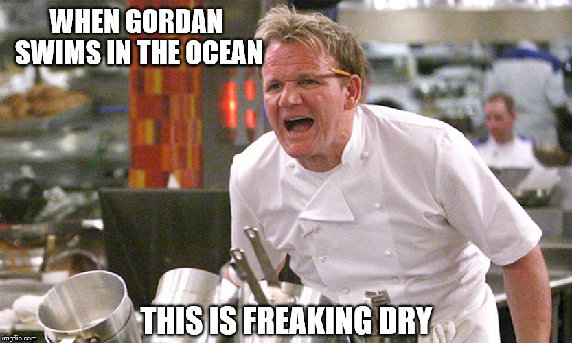 gordan ramsey yells #1 | WHEN GORDAN SWIMS IN THE OCEAN; THIS IS FREAKING DRY | image tagged in gordan ramsey yells 1 | made w/ Imgflip meme maker