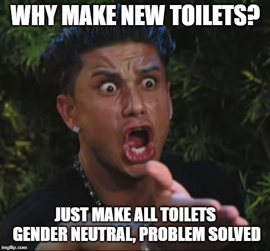 DJ Pauly D Meme | WHY MAKE NEW TOILETS? JUST MAKE ALL TOILETS GENDER NEUTRAL, PROBLEM SOLVED | image tagged in memes,dj pauly d | made w/ Imgflip meme maker