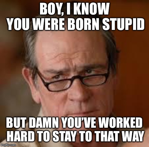 my face when someone asks a stupid question | BOY, I KNOW YOU WERE BORN STUPID; BUT DAMN YOU’VE WORKED HARD TO STAY TO THAT WAY | image tagged in my face when someone asks a stupid question | made w/ Imgflip meme maker