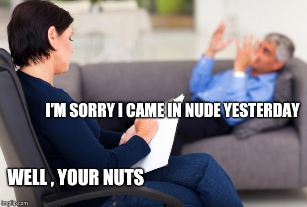 psychiatrist | I'M SORRY I CAME IN NUDE YESTERDAY WELL , YOUR NUTS | image tagged in psychiatrist | made w/ Imgflip meme maker
