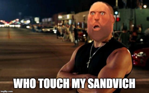vin diesel | WHO TOUCH MY SANDVICH | image tagged in vin diesel | made w/ Imgflip meme maker