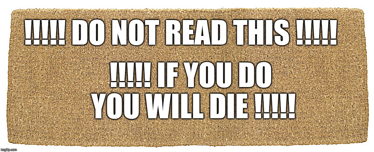 Totally Welcoming Mat | !!!!! DO NOT READ THIS !!!!! !!!!! IF YOU DO YOU WILL DIE !!!!! | image tagged in doormat | made w/ Imgflip meme maker