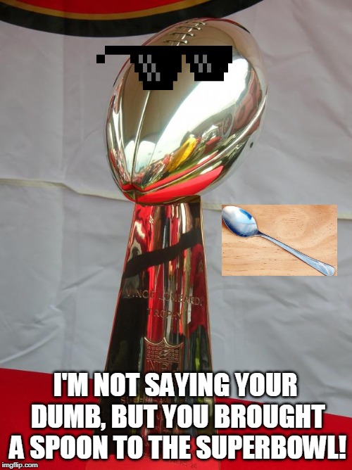 Superbowl | I'M NOT SAYING YOUR DUMB, BUT YOU BROUGHT A SPOON TO THE SUPERBOWL! | image tagged in superbowl | made w/ Imgflip meme maker