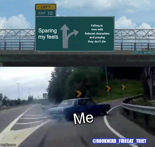 Left Exit 12 Off Ramp | Sparing my feels; Falling in love with fictional characters and praying they don’t die; Me; @BOOKNERD_FIRECAT_TRIET | image tagged in memes,left exit 12 off ramp | made w/ Imgflip meme maker