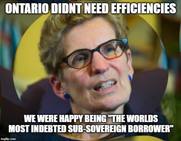 The mostest brokest | ONTARIO DIDNT NEED EFFICIENCIES WE WERE HAPPY BEING "THE WORLDS MOST INDEBTED SUB-SOVEREIGN BORROWER" | image tagged in wynne,ontario,debt,government corruption,doug ford,meanwhile in canada | made w/ Imgflip meme maker