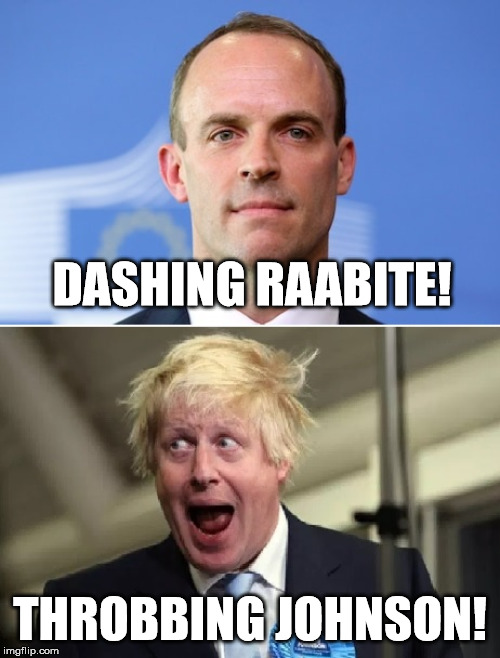 Raab vs Johnson | DASHING RAABITE! THROBBING JOHNSON! | image tagged in raab vs johnson,prime minister,boris johnson,dominic raab | made w/ Imgflip meme maker