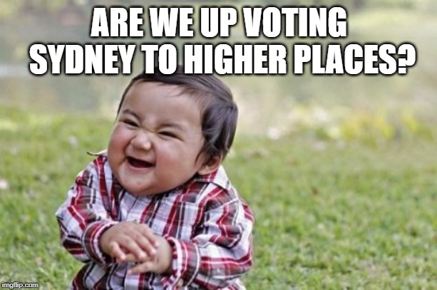 Evil Toddler Meme | ARE WE UP VOTING SYDNEY TO HIGHER PLACES? | image tagged in memes,evil toddler | made w/ Imgflip meme maker