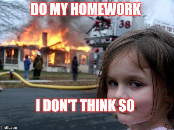 Disaster Girl | DO MY HOMEWORK; I DON'T THINK SO | image tagged in memes,disaster girl | made w/ Imgflip meme maker