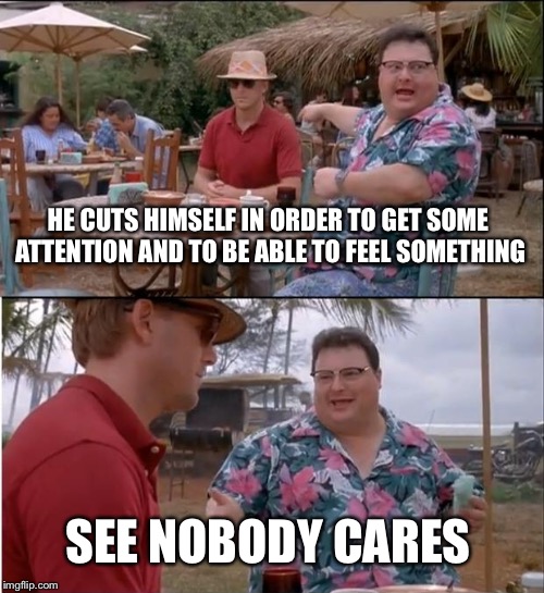 See Nobody Cares | HE CUTS HIMSELF IN ORDER TO GET SOME ATTENTION AND TO BE ABLE TO FEEL SOMETHING; SEE NOBODY CARES | image tagged in memes,see nobody cares | made w/ Imgflip meme maker
