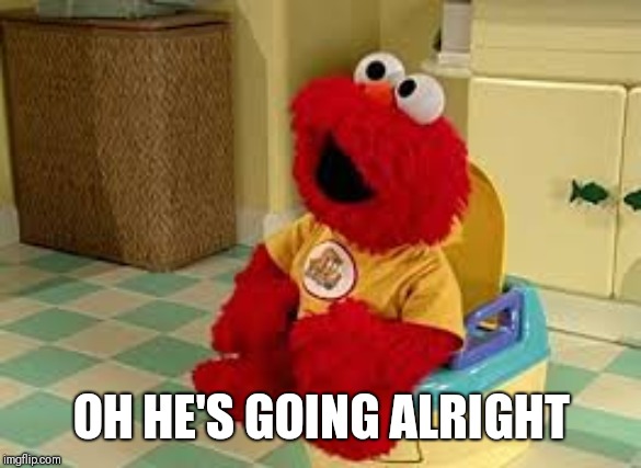 Elmo Potty | OH HE'S GOING ALRIGHT | image tagged in elmo potty | made w/ Imgflip meme maker