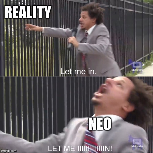 let me in | REALITY; NEO | image tagged in let me in | made w/ Imgflip meme maker