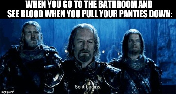 It begins! | WHEN YOU GO TO THE BATHROOM AND SEE BLOOD WHEN YOU PULL YOUR PANTIES DOWN: | image tagged in and so it begins,period,funny meme,relatable | made w/ Imgflip meme maker
