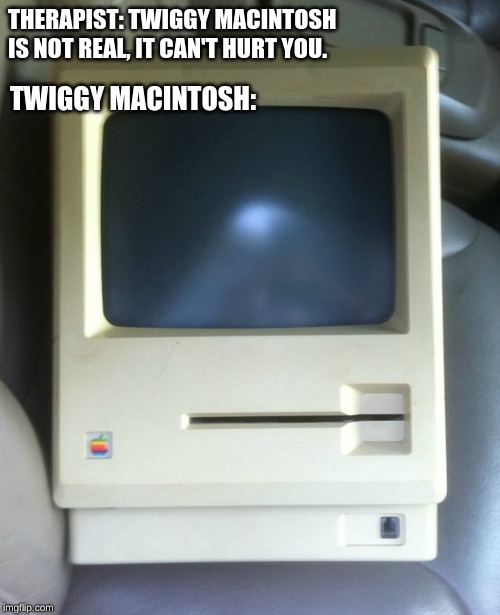 the twiggy macintosh, it's a macintosh 128k with an unusually large disk drive | THERAPIST: TWIGGY MACINTOSH IS NOT REAL, IT CAN'T HURT YOU. TWIGGY MACINTOSH: | image tagged in mac,memes,apple inc,disk drive,therapist,dank memes | made w/ Imgflip meme maker