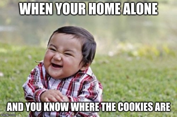 Evil Toddler | WHEN YOUR HOME ALONE; AND YOU KNOW WHERE THE COOKIES ARE | image tagged in memes,evil toddler | made w/ Imgflip meme maker