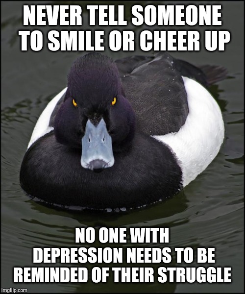 Angry duck | NEVER TELL SOMEONE TO SMILE OR CHEER UP; NO ONE WITH DEPRESSION NEEDS TO BE REMINDED OF THEIR STRUGGLE | image tagged in angry duck,AdviceAnimals | made w/ Imgflip meme maker