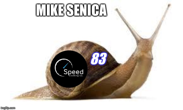 Mike Senica Motorsports | MIKE SENICA; 83 | image tagged in snail,memes,funny car crash,mike senica,speed,slow | made w/ Imgflip meme maker