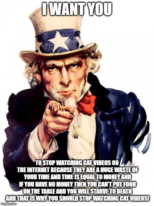 Uncle Sam Meme | I WANT YOU; TO STOP WATCHING CAT VIDEOS ON THE INTERNET BECAUSE THEY ARE A HUGE WASTE OF YOUR TIME AND TIME IS EQUAL TO MONEY AND IF YOU HAVE NO MONEY THEN YOU CAN'T PUT FOOD ON THE TABLE AND YOU WILL STARVE TO DEATH AND THAT IS WHY YOU SHOULD STOP WATCHING CAT VIDEOS! | image tagged in memes,uncle sam | made w/ Imgflip meme maker
