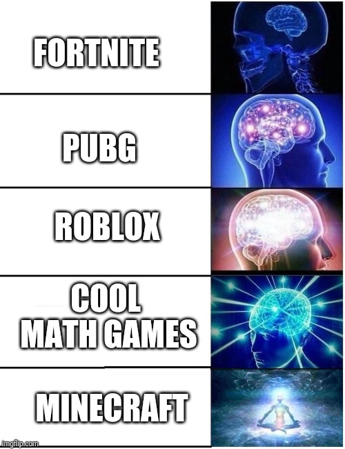 Expanding Brain 5 Panel | FORTNITE PUBG ROBLOX COOL MATH GAMES MINECRAFT | image tagged in expanding brain 5 panel | made w/ Imgflip meme maker