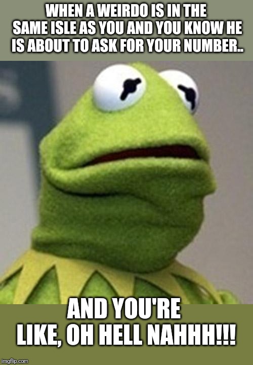 Kermit The Frog | WHEN A WEIRDO IS IN THE SAME ISLE AS YOU AND YOU KNOW HE IS ABOUT TO ASK FOR YOUR NUMBER.. AND YOU'RE LIKE, OH HELL NAHHH!!! | image tagged in kermit the frog | made w/ Imgflip meme maker