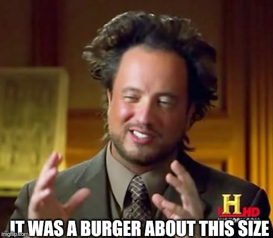 Ancient Aliens Meme | IT WAS A BURGER ABOUT THIS SIZE | image tagged in memes,ancient aliens | made w/ Imgflip meme maker