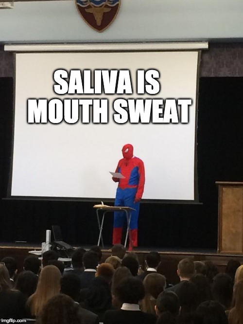 We have sweat glands and salivary glands. They're pretty much the same thing, just in different parts of the body. | SALIVA IS MOUTH SWEAT | image tagged in spiderman presentation,funny,memes | made w/ Imgflip meme maker