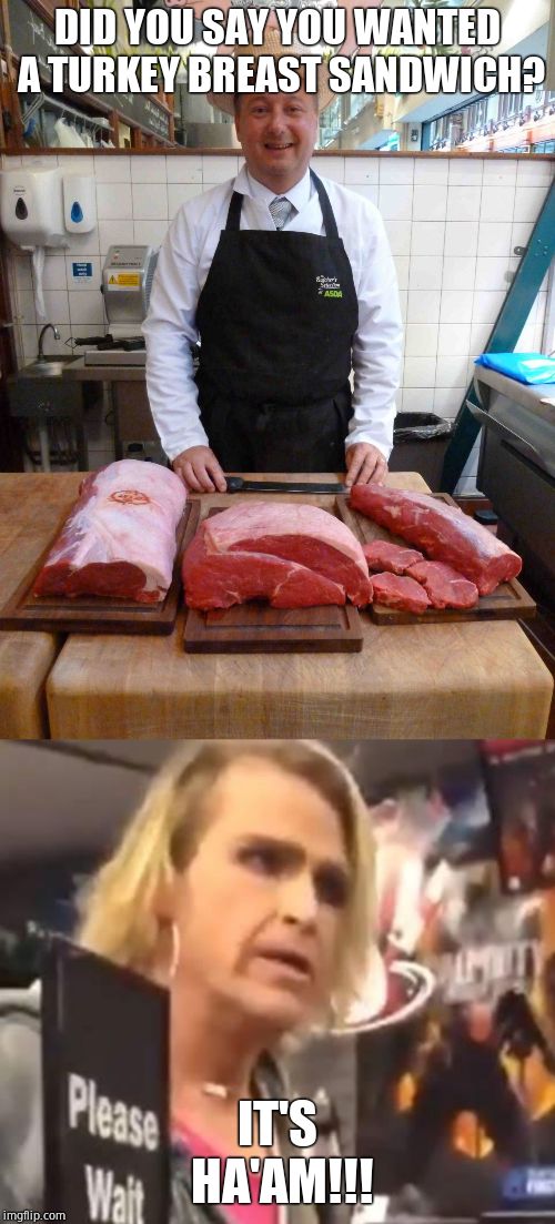 DID YOU SAY YOU WANTED A TURKEY BREAST SANDWICH? IT'S HA'AM!!! | image tagged in butcher meme king | made w/ Imgflip meme maker