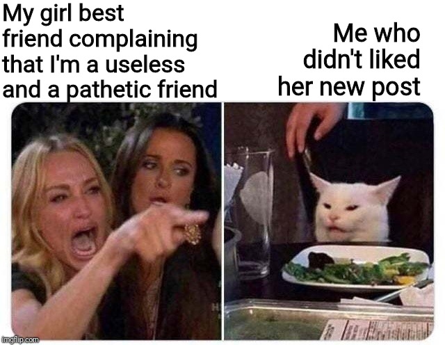 Ladies Yelling at Confused Cat | My girl best friend complaining that I'm a useless and a pathetic friend; Me who didn't liked her new post | image tagged in ladies yelling at confused cat | made w/ Imgflip meme maker