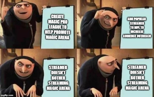 WotC's plan for MPL | CREATE MAGIC PRO LEAGUE TO HELP PROMOTE MAGIC ARENA; ADD POPULAR STREAMER TO MPL TO INCREASE AUDIENCE OUTREACH; STREAMER DOESN'T BOTHER STREAMING MAGIC ARENA; STREAMER DOESN'T BOTHER STREAMING MAGIC ARENA | image tagged in gru's plan | made w/ Imgflip meme maker