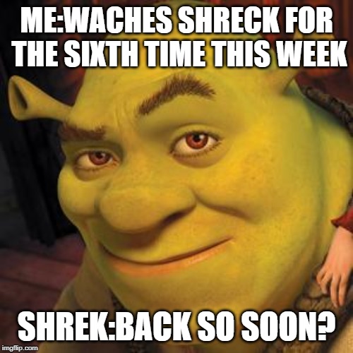 Shrek Sexy Face | ME:WACHES SHRECK FOR THE SIXTH TIME THIS WEEK; SHREK:BACK SO SOON? | image tagged in shrek sexy face | made w/ Imgflip meme maker