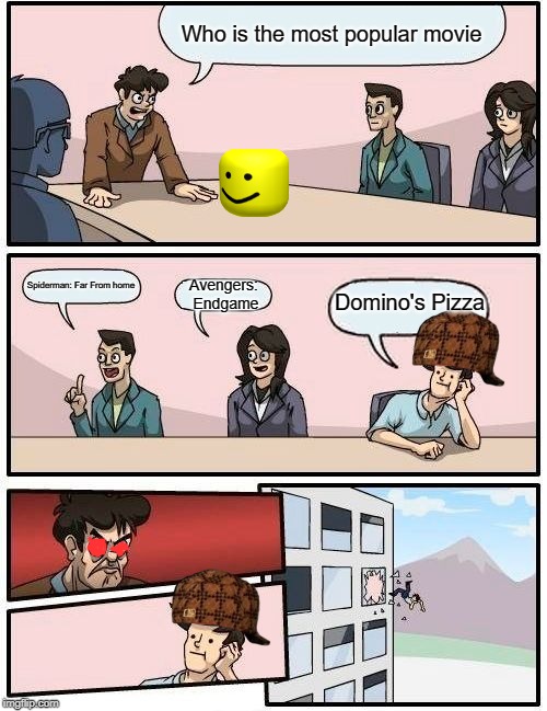 Boardroom Meeting Suggestion | Who is the most popular movie; Spiderman: Far From home; Avengers: Endgame; Domino's Pizza | image tagged in memes,boardroom meeting suggestion | made w/ Imgflip meme maker