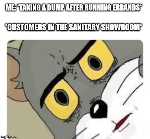 Natural urges | ME: *TAKING A DUMP AFTER RUNNING ERRANDS*; *CUSTOMERS IN THE SANITARY SHOWROOM* | image tagged in shocked tom,dump,customers,customer,confused tom,panic | made w/ Imgflip meme maker