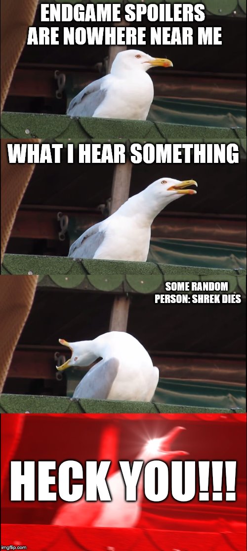 Inhaling Seagull | ENDGAME SPOILERS ARE NOWHERE NEAR ME; WHAT I HEAR SOMETHING; SOME RANDOM PERSON: SHREK DIES; HECK YOU!!! | image tagged in memes,inhaling seagull | made w/ Imgflip meme maker