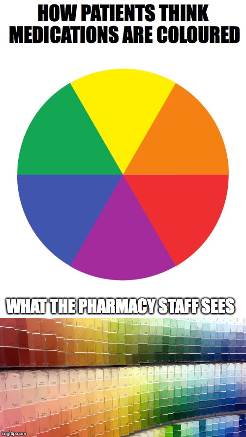 Medication Colours | HOW PATIENTS THINK MEDICATIONS ARE COLOURED; WHAT THE PHARMACY STAFF SEES | image tagged in pharmacy,colours,thelittlewhitepill,thebluepill | made w/ Imgflip meme maker