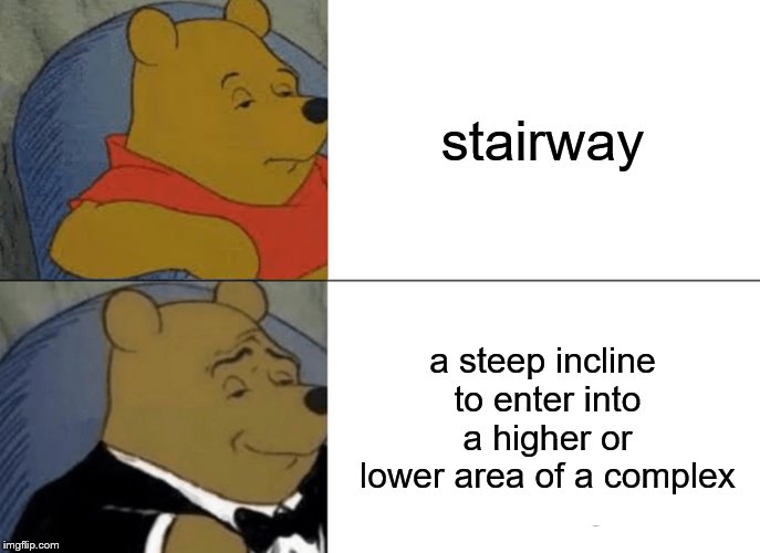 Tuxedo Winnie The Pooh Meme | stairway; a steep incline to enter into a higher or lower area of a complex | image tagged in memes,tuxedo winnie the pooh | made w/ Imgflip meme maker