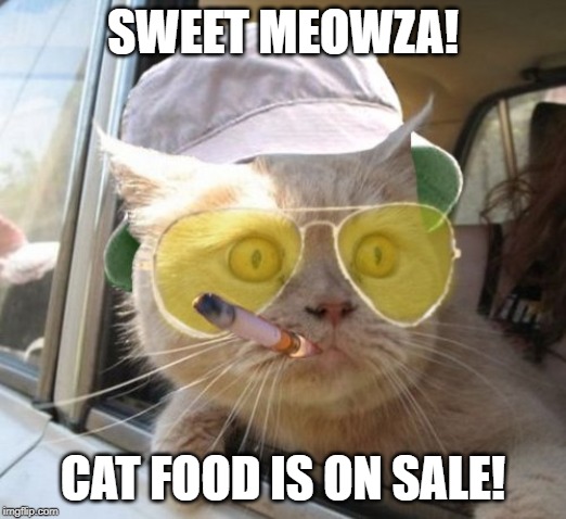 Fear And Loathing Cat |  SWEET MEOWZA! CAT FOOD IS ON SALE! | image tagged in memes,fear and loathing cat | made w/ Imgflip meme maker