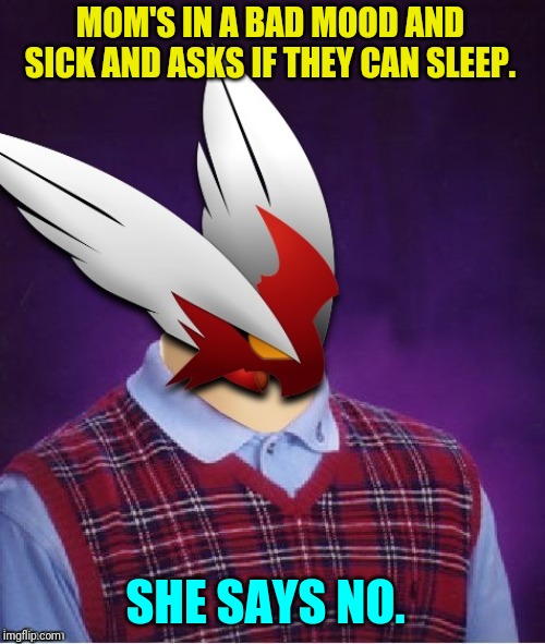 MOM'S IN A BAD MOOD AND SICK AND ASKS IF THEY CAN SLEEP. SHE SAYS NO. | image tagged in bad luck blaze the blaziken | made w/ Imgflip meme maker