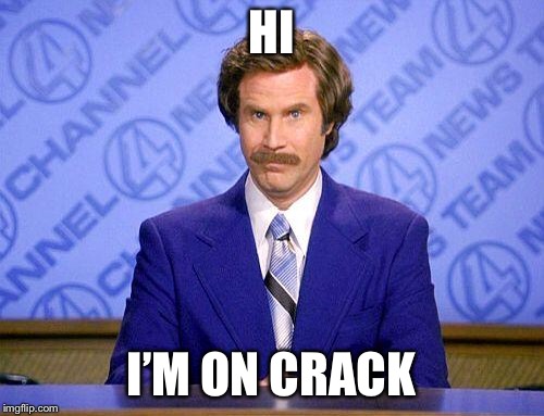 anchorman news update | HI; I’M ON CRACK | image tagged in anchorman news update | made w/ Imgflip meme maker