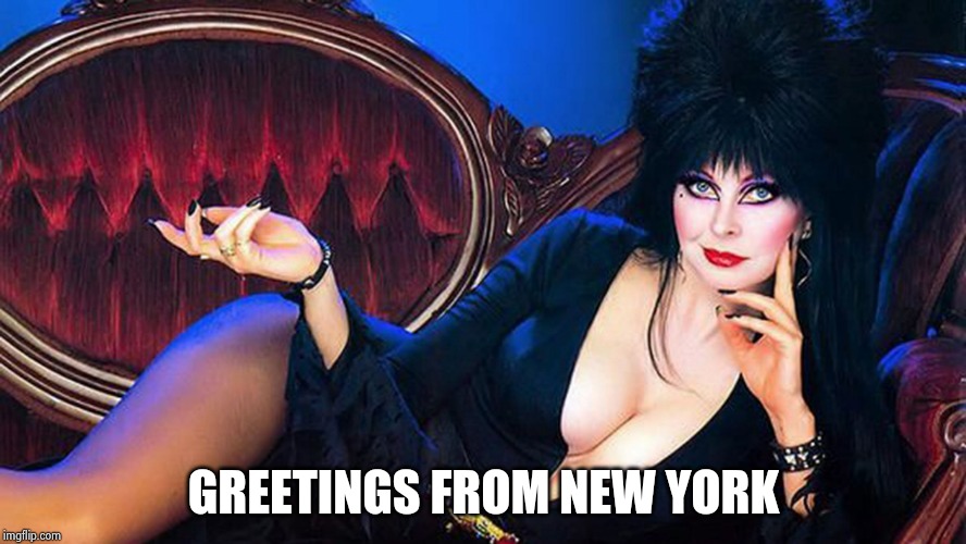 Elvira - Where my Ghouls at? | GREETINGS FROM NEW YORK | image tagged in elvira - where my ghouls at | made w/ Imgflip meme maker