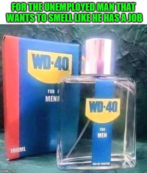 Smell like you worked all day... | FOR THE UNEMPLOYED MAN THAT WANTS TO SMELL LIKE HE HAS A JOB | image tagged in wd-40 cologne,memes,working man,funny,cologne,unemployed | made w/ Imgflip meme maker