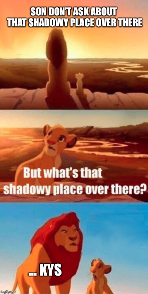 Simba Shadowy Place Meme | SON DON’T ASK ABOUT THAT SHADOWY PLACE OVER THERE; ... KYS | image tagged in memes,simba shadowy place | made w/ Imgflip meme maker