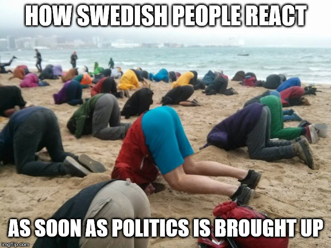 Conversation enders in Sweden | HOW SWEDISH PEOPLE REACT; AS SOON AS POLITICS IS BROUGHT UP | image tagged in politics,sweden,beach,sand,swedes,ignorance | made w/ Imgflip meme maker
